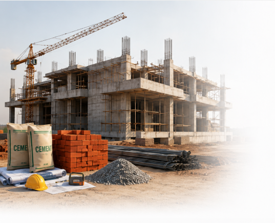 Construction site with crane, cement, bricks, and steel rebar