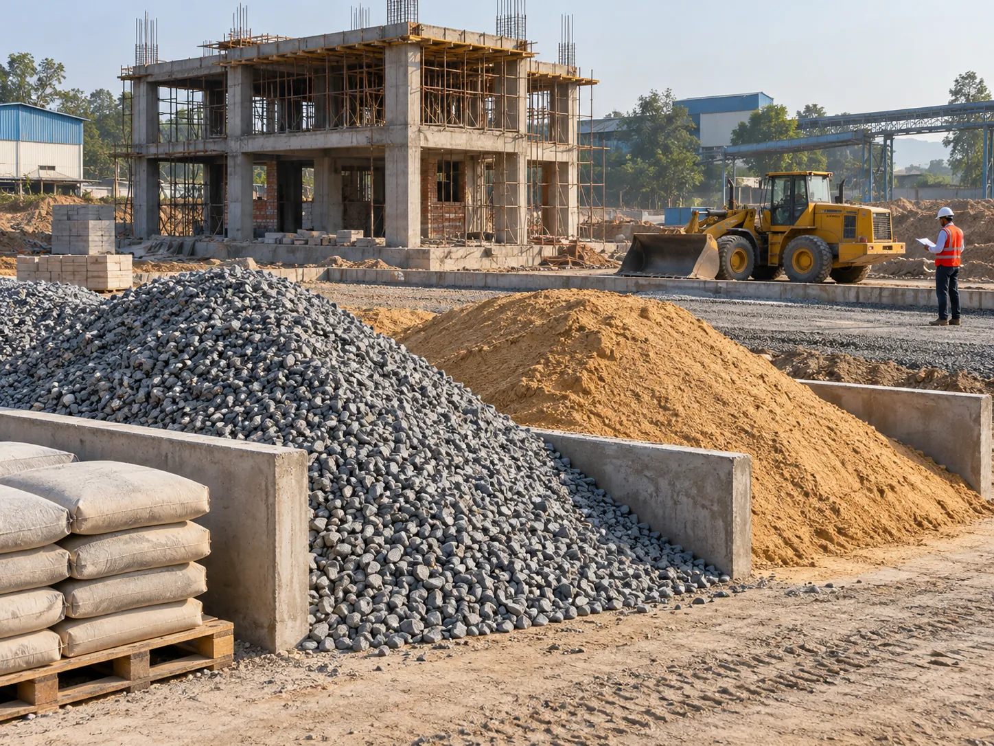 Illustration of separate sand and aggregate receiving bays beside a civil construction work front