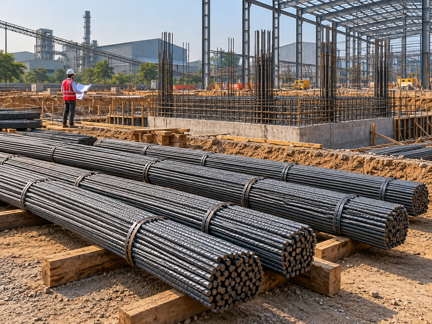 Illustration of TMT bundles and reinforced concrete foundations at an industrial building site