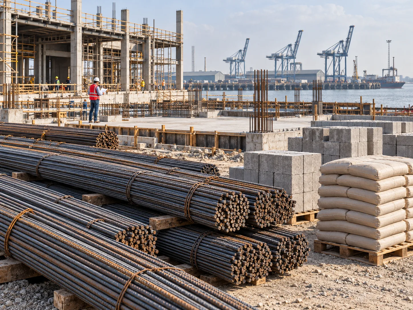 Illustration of steel, cement and blocks at a port-adjacent industrial civil construction site