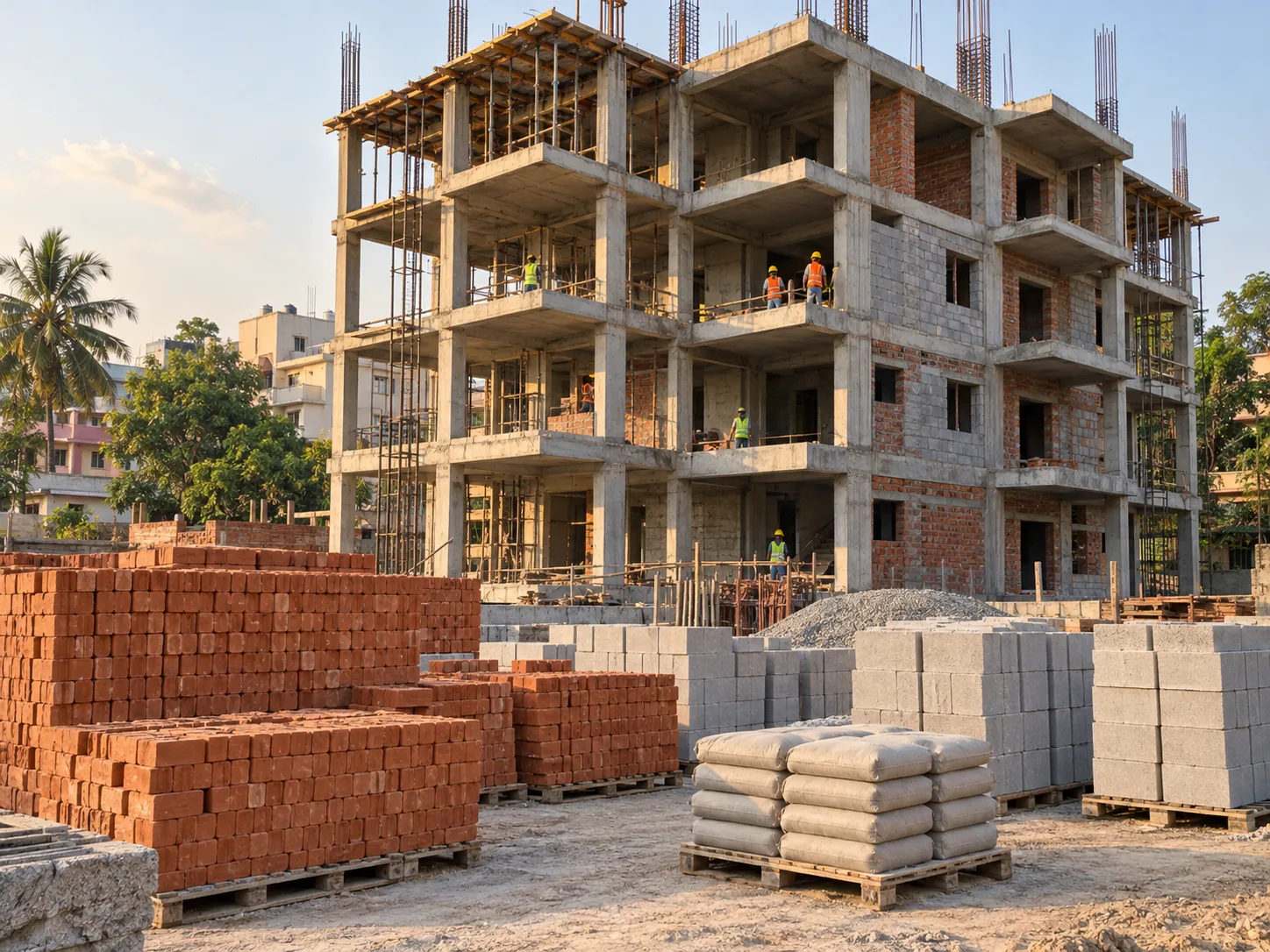 Illustration of red bricks and masonry blocks at a residential building under construction