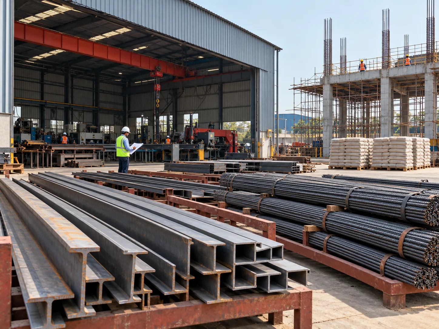 Illustration of structural steel sections and reinforcement staged beside a fabrication workshop