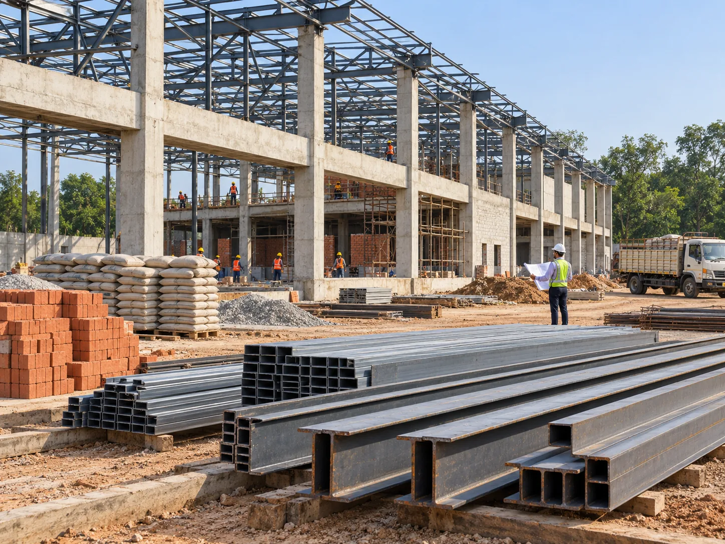 Illustration of structural sections and civil materials staged at an industrial building project