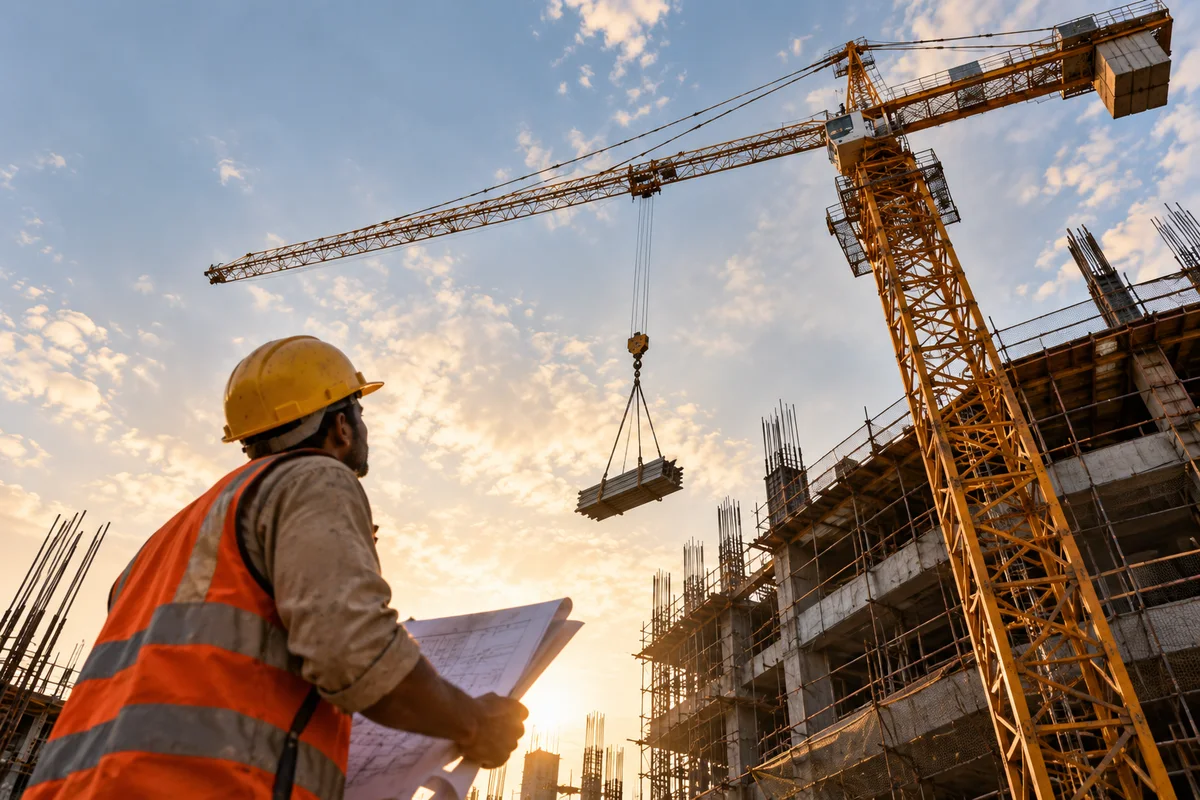 Site engineer reviewing plans beneath a tower crane